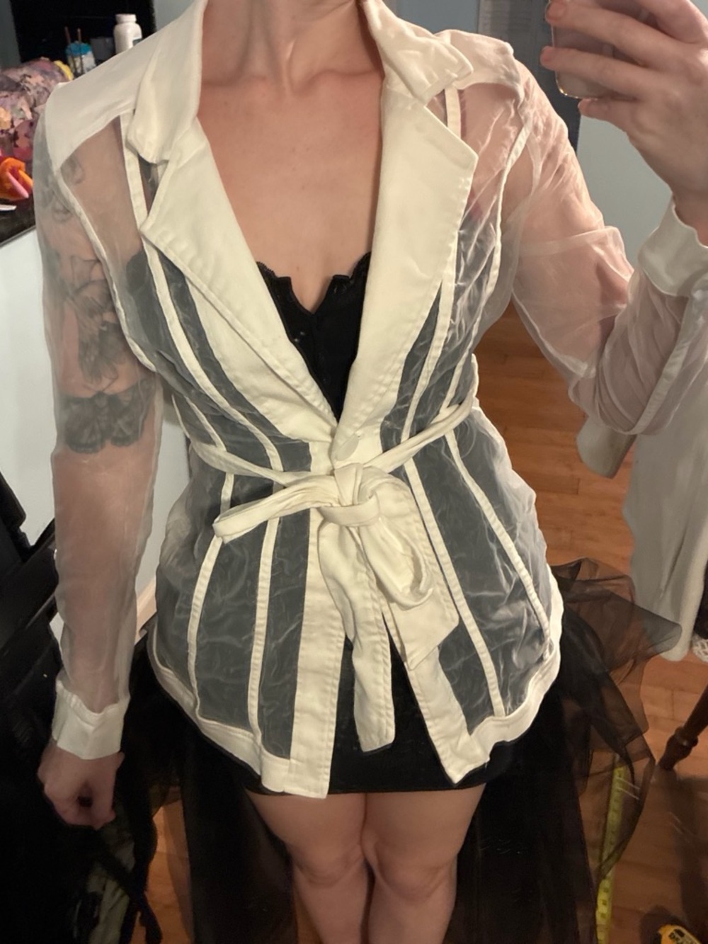 Sheer Ivory Belted Trench Coat with Contrast Panels